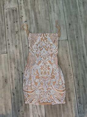 Lucy in the sky Nude Mesh Bodycon Dress with Silver Sequin Detail